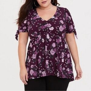Torrid Floral Blouse Size 2 18/20 Burgundy Pink Short Tie Sleeves Romantic‎